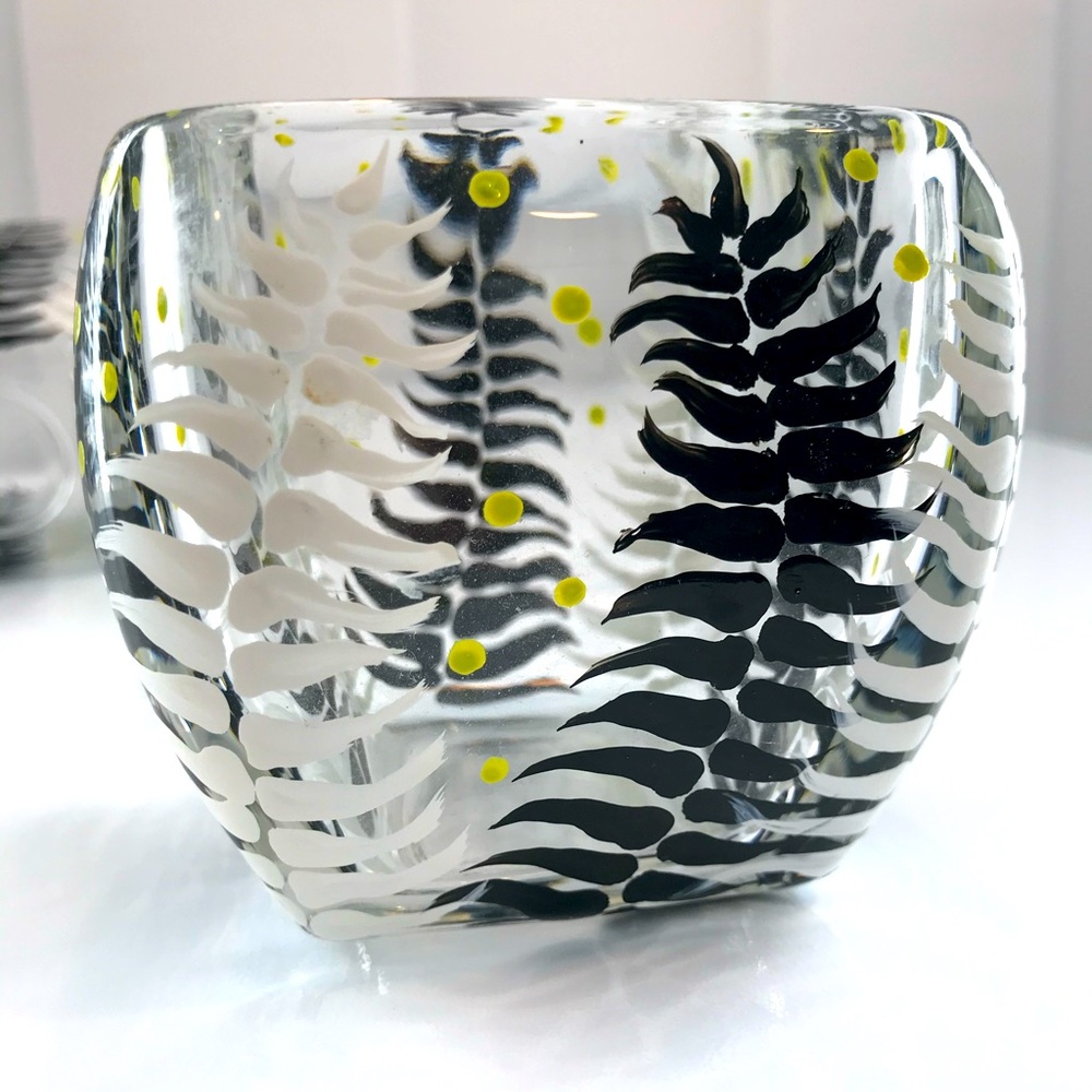 Hand painted Black and Yellow Fern Glass Vase
